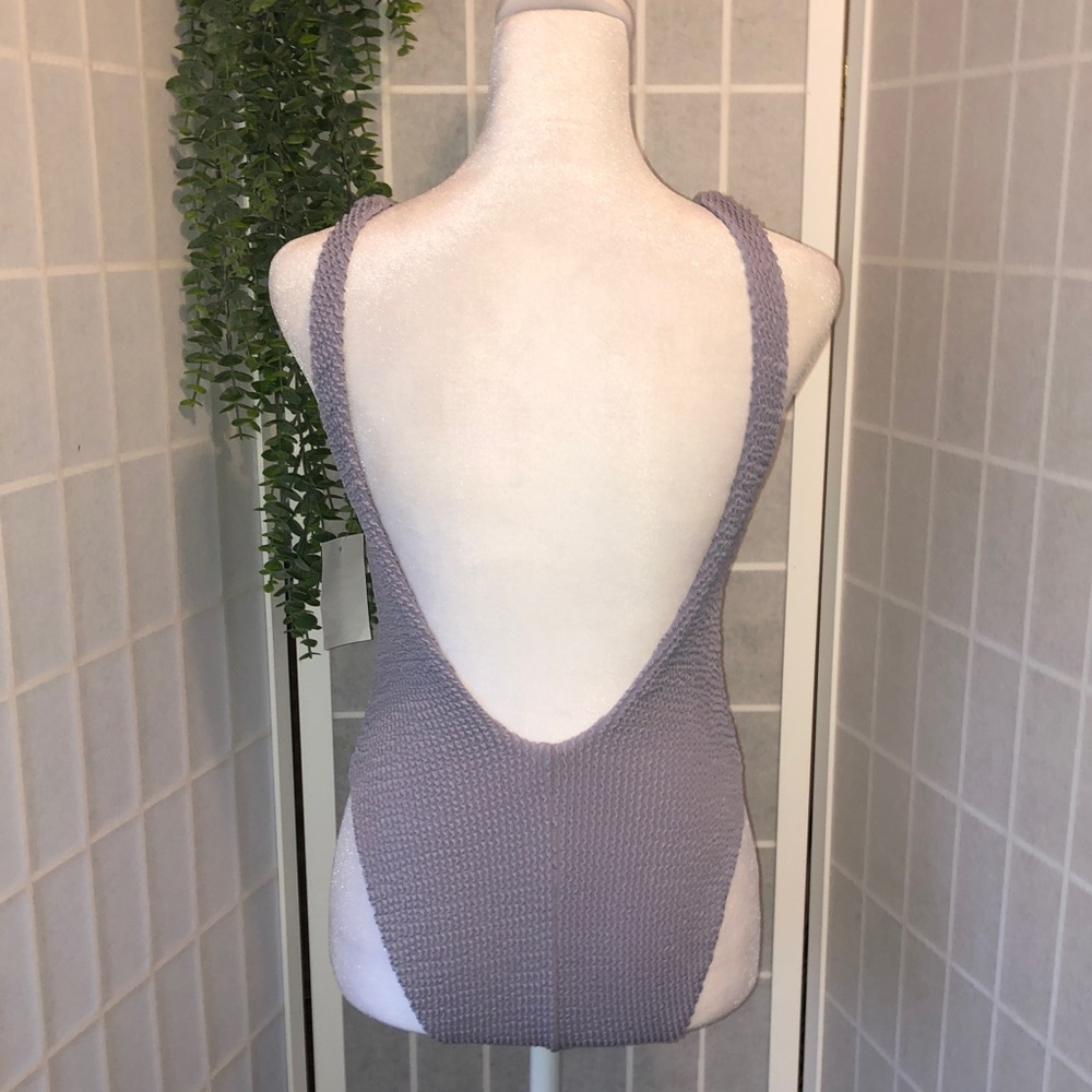 Monokini Women One Piece Ribbed Swimsuit in Solid Lavender, Low Cut Back, Size S